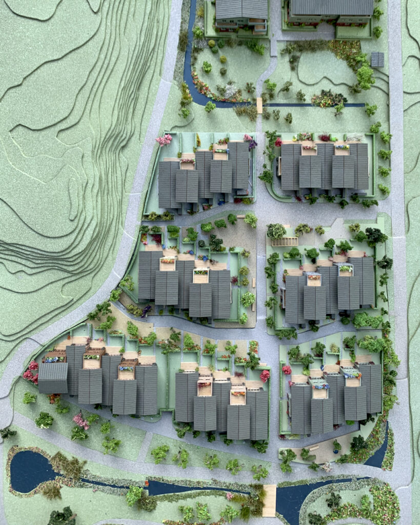 Modell av Ballerud hageby i skala 1:400. Laget av Skalpell Modellverksted.